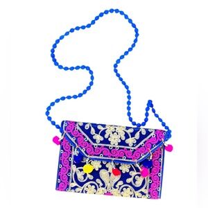 Artisan Ethnic Pom Pom Embroidered‎ Shoulder Bag Hot Pink Blue Boho Crossbody